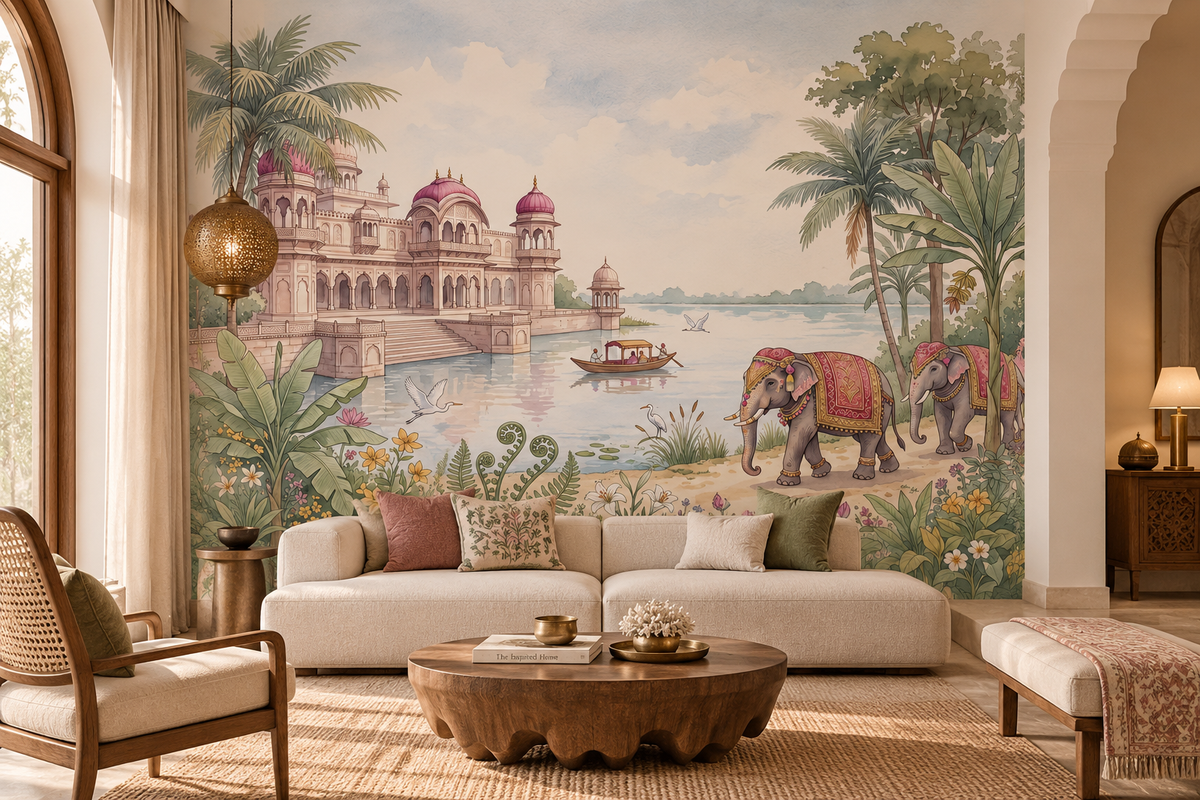 The Maharaja's Elephant Garden watercolour mural with a pink palace, decorated elephants and lotus lake, GD13094