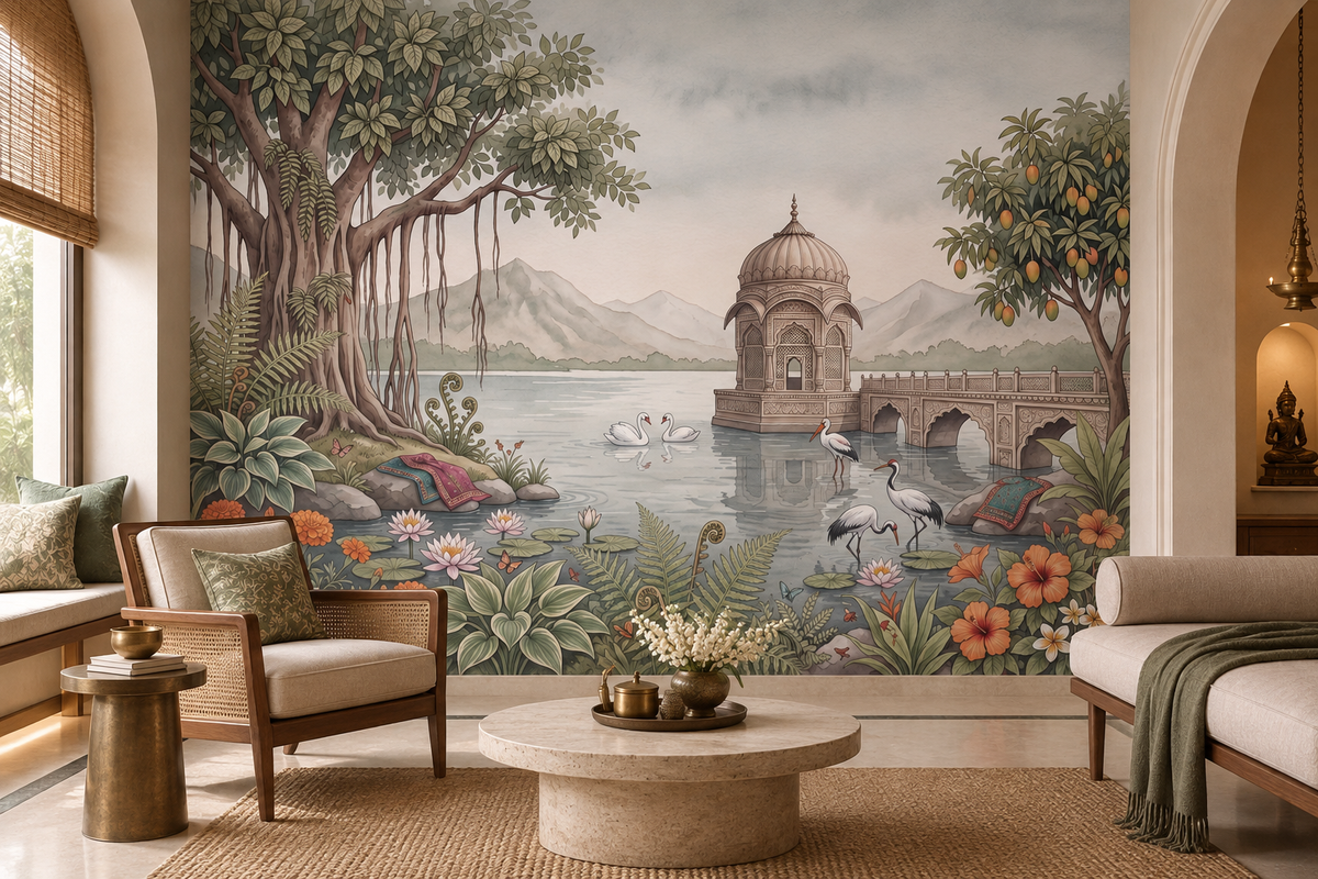 The Royal Banyan Garden landscape mural with a banyan tree, lake pavilion, cranes and swans, GD13100