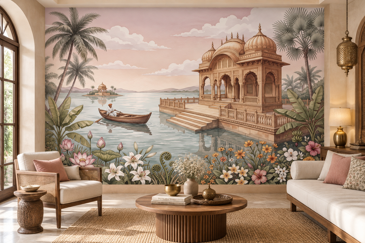 The Royal Waterside Pavilion watercolour mural with a golden pavilion, boatman and lotus lake, GD13096