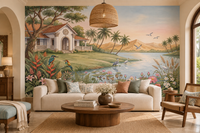 The Tropical Lake Estate watercolour mural with a lagoon villa, hummingbirds and lotus flowers, GD13095