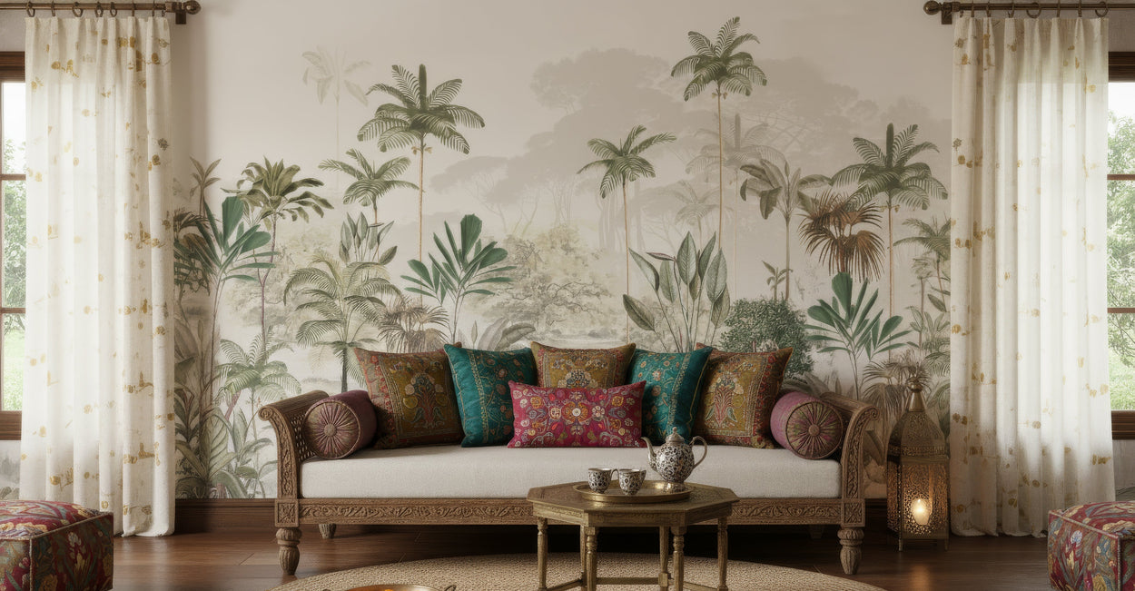 Living room with a couch against a wall with tropical wallpaper for walls.