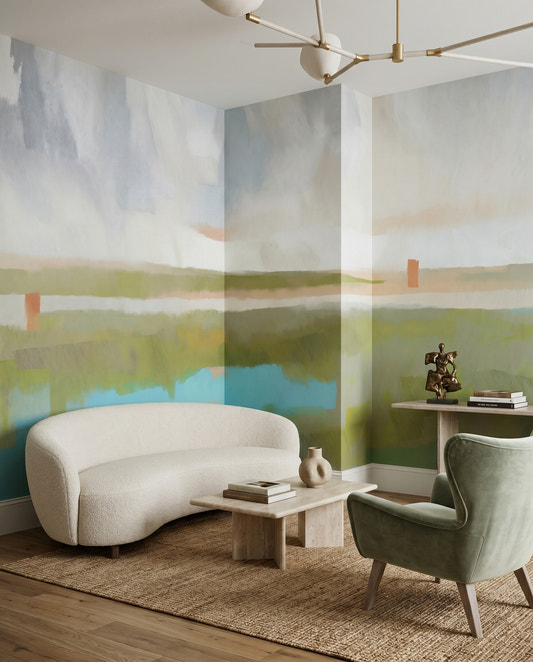 Velvet Dawn Wall Mural for hallway with green and blue colours.