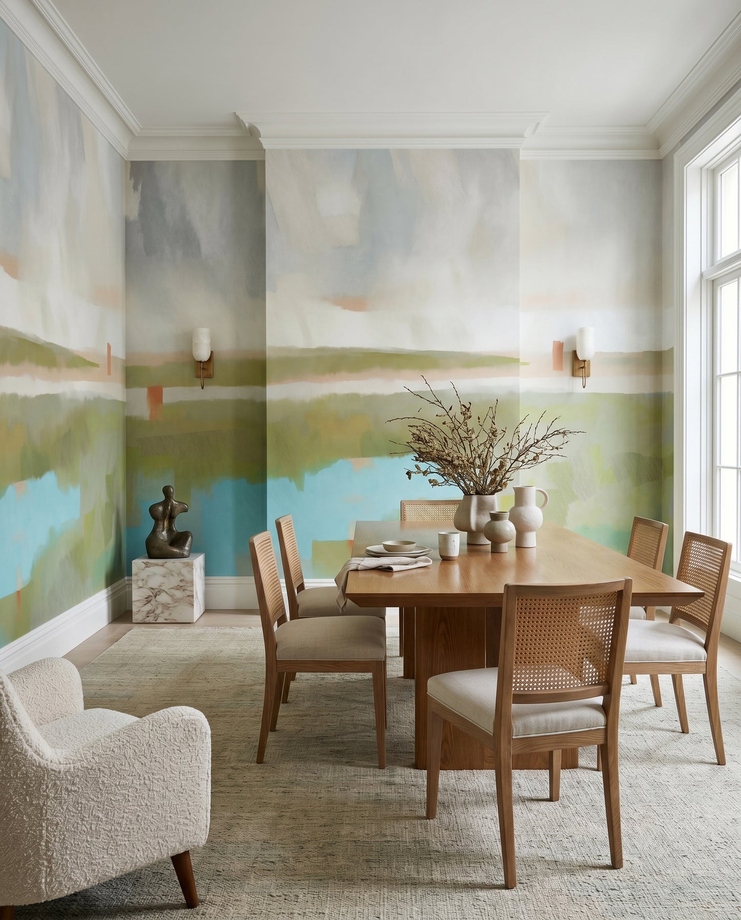 Dining room interior featuring the painted landscape Velvet Dawn Wall Mural., GD10390