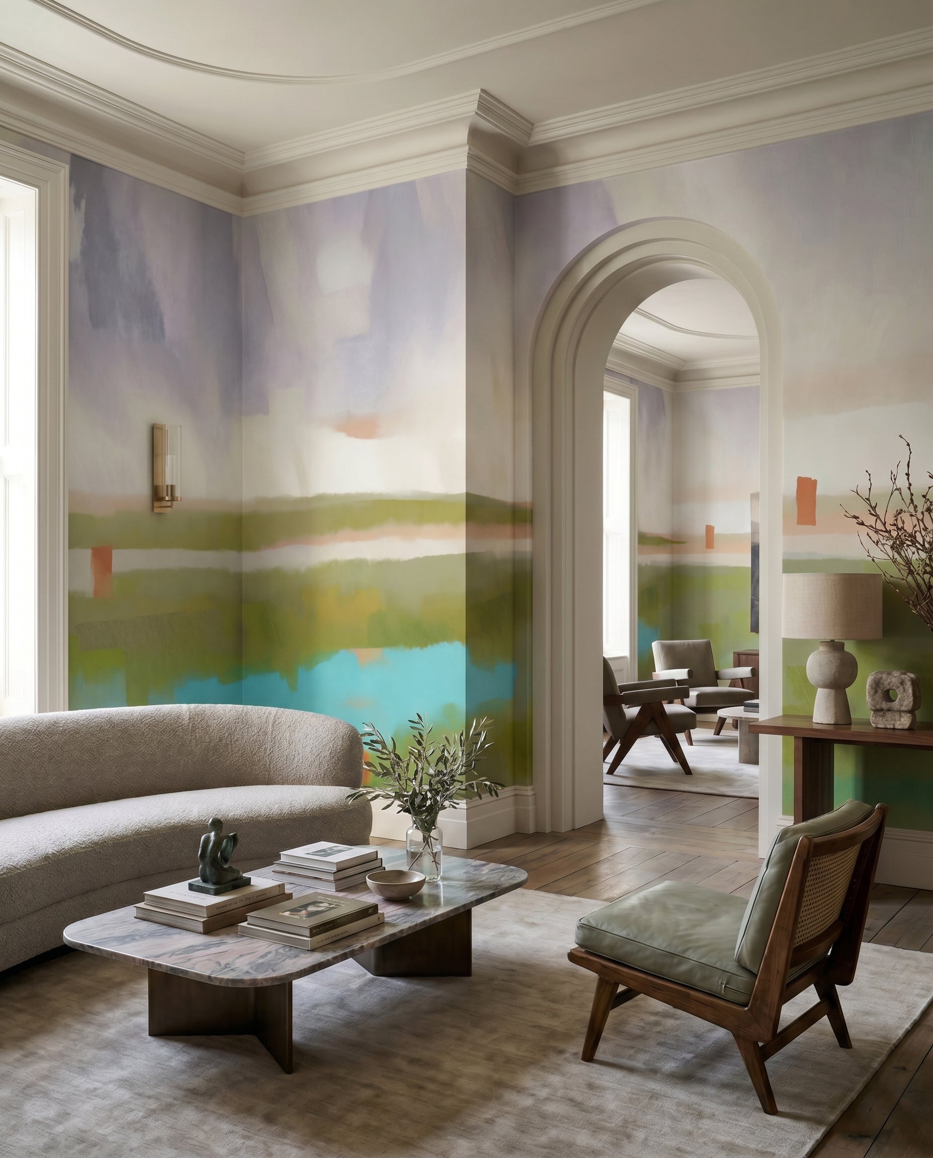 Dawn style abstract landscape wall mural with pastel colours., GD10390