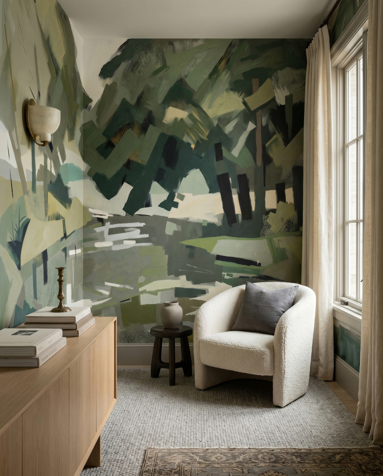 Layered brushstroke forest wall mural in muted green and cream tones.