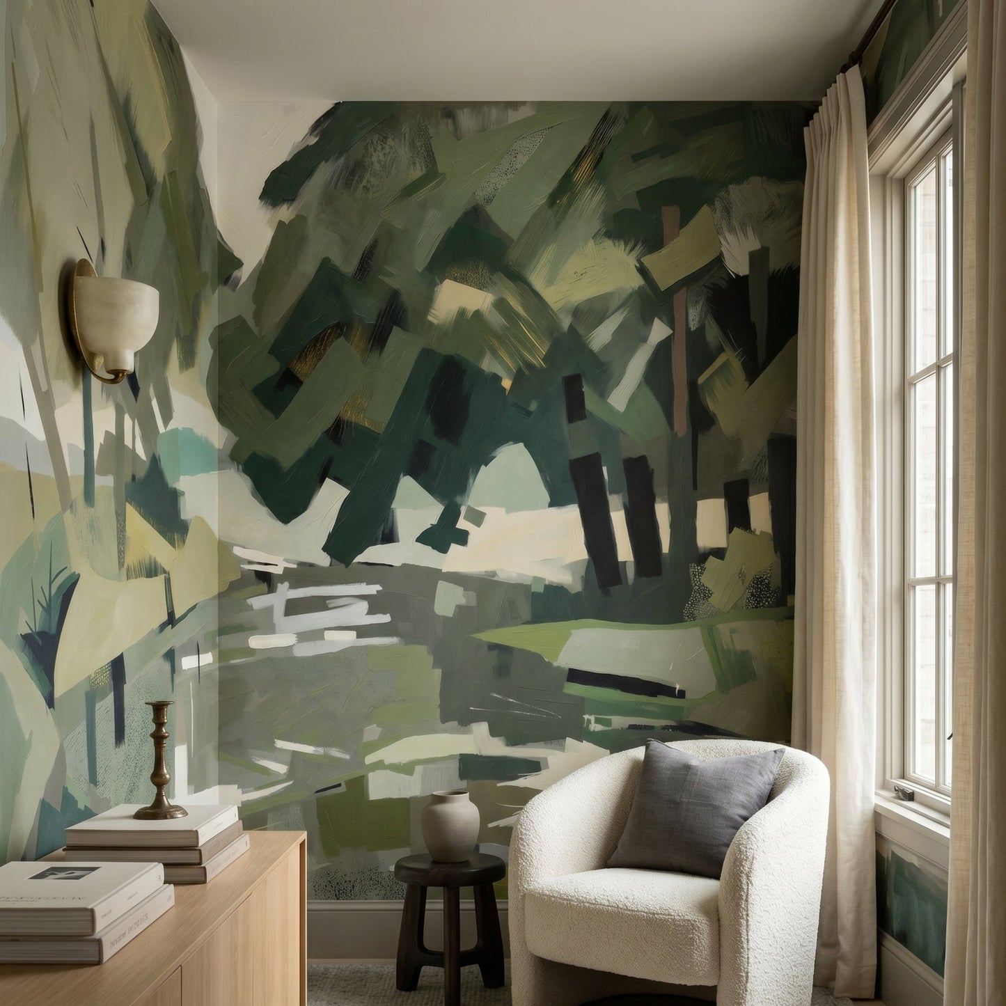Layered brushstroke forest wall mural in muted green and cream tones., GD10392