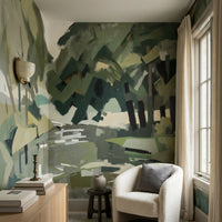 Layered brushstroke forest wall mural in muted green and cream tones., GD10392