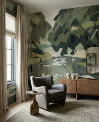 Abstract woodland wall mural with dark vertical trunks and olive foliage., GD10392