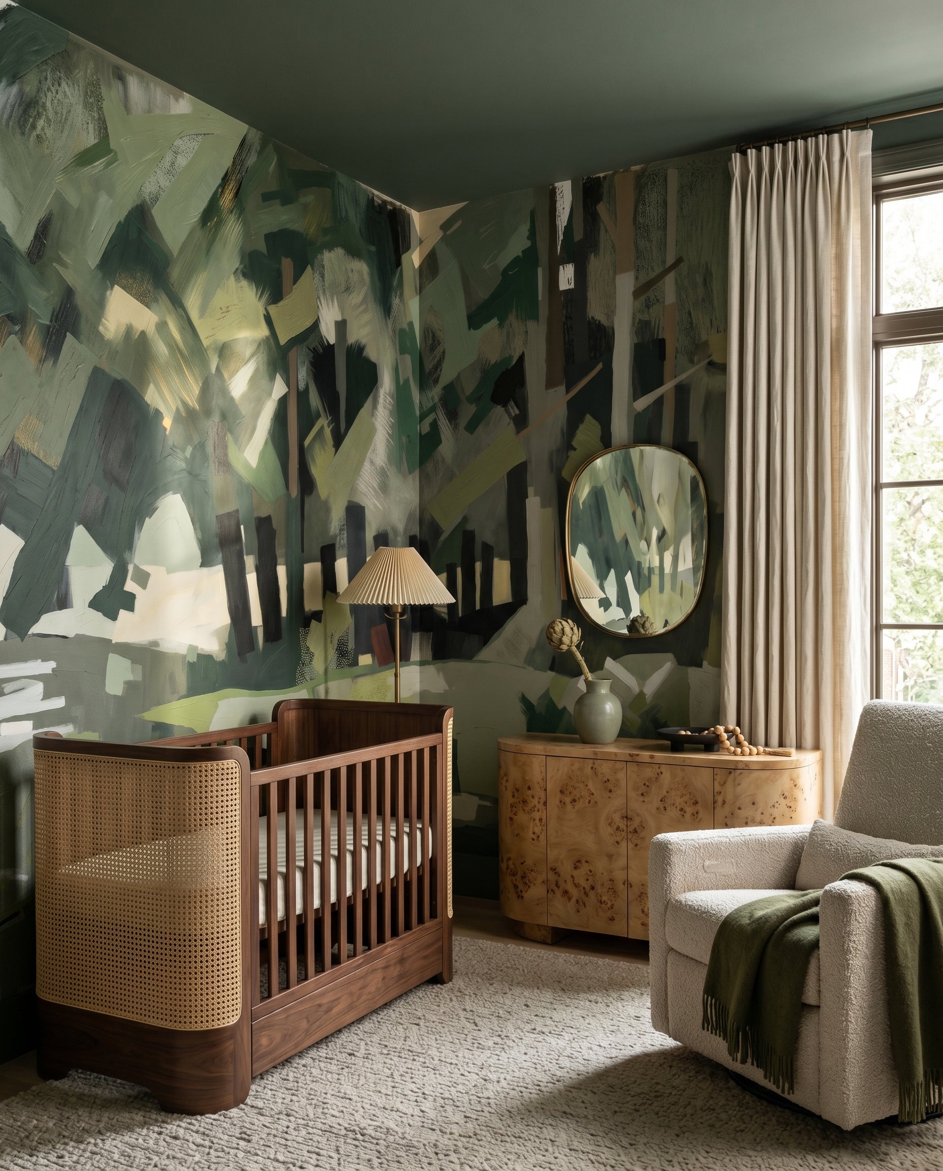 Panoramic forest mural featuring overlapping sage and emerald patches., GD10392