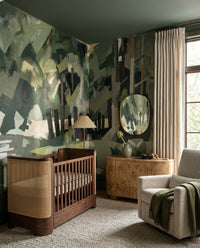 Panoramic forest mural featuring overlapping sage and emerald patches., GD10392