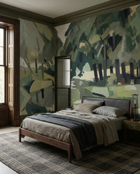 Geometric woodland mural featuring sage and olive green tones in a bedroom., GD10392