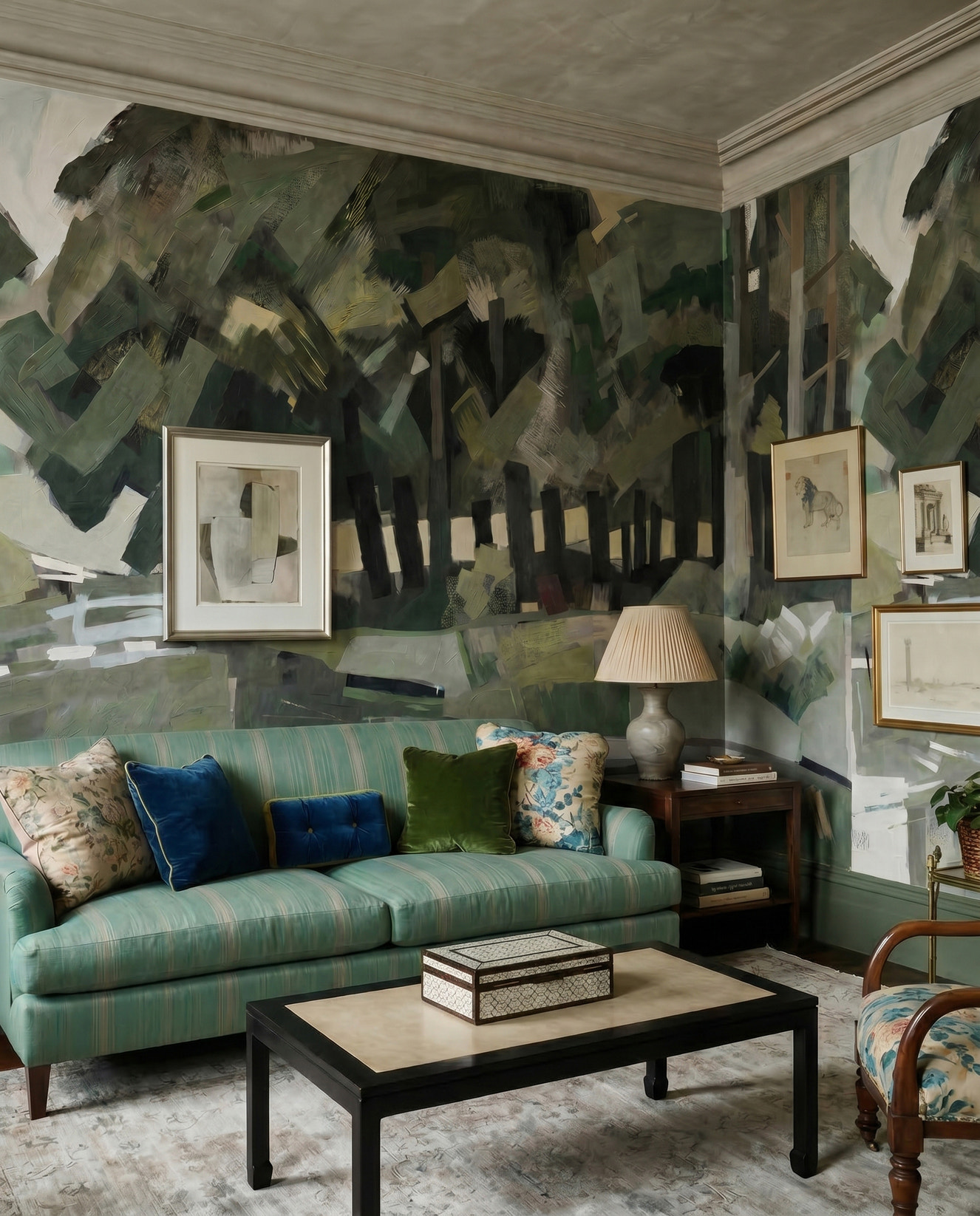 Velvet forest wall mural with abstract green brushstrokes in a living room.
