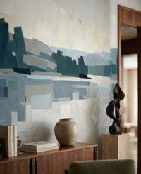 Abstract landscape wall mural in blue-grey and beige with angular colour blocks., GD10393