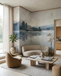 Wide panoramic mural with dusty blue geometric brushstrokes and pale reflections., GD10393