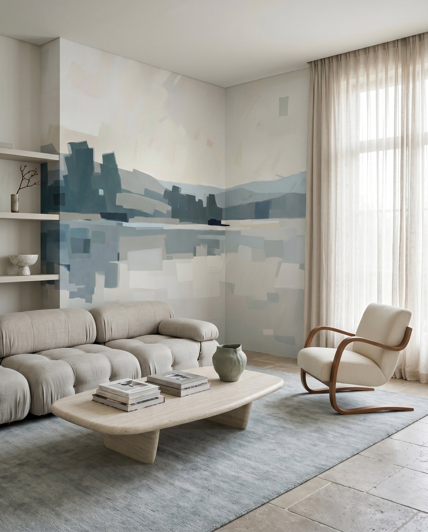 Muted blue and grey geometric landscape wall mural in an living area., GD10393