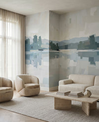 Geometric brushstroke wall mural in dusty blue and slate grey tones., GD10393