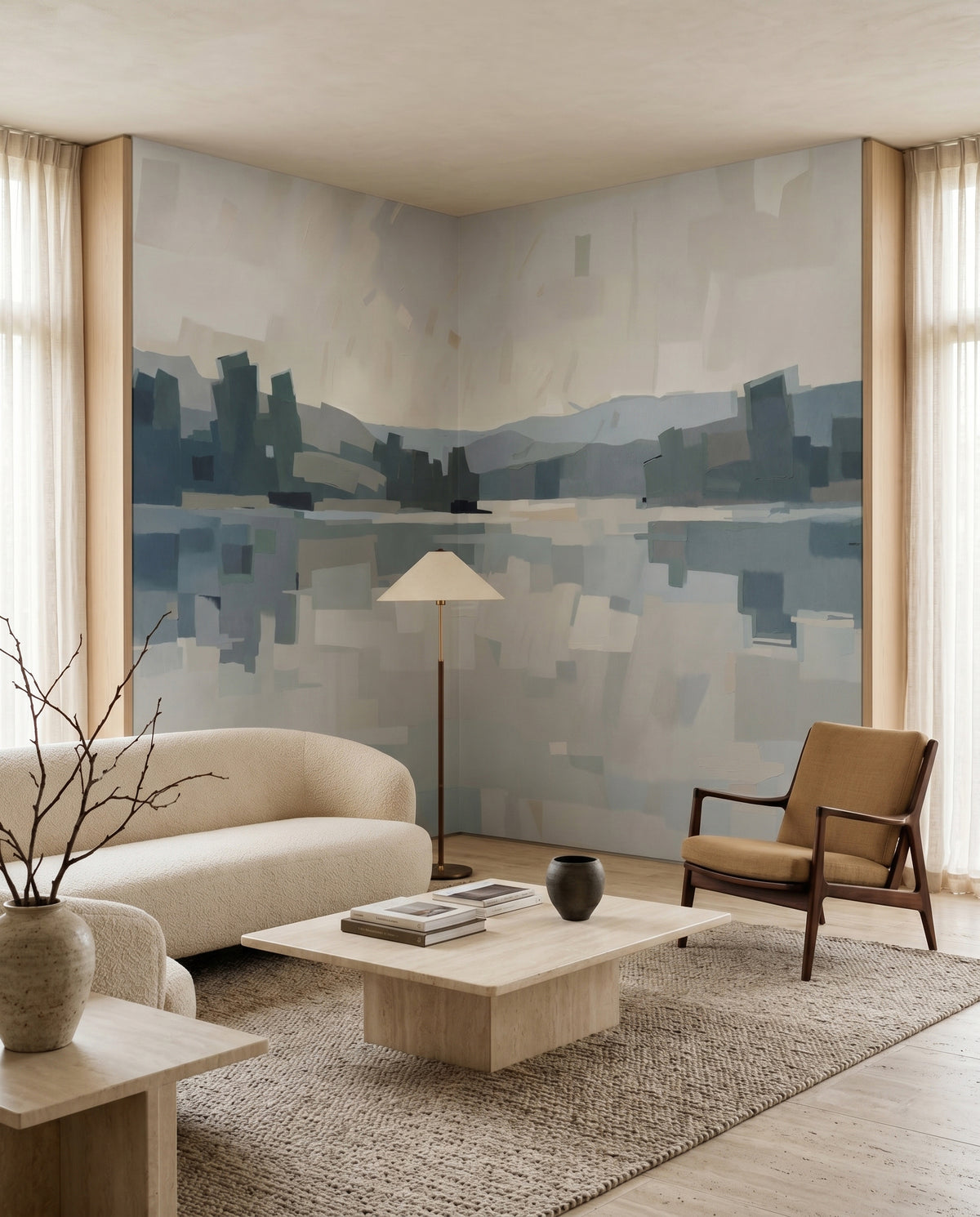 Velvet glow wall mural with abstract blue-grey lakeside scene in a living room corner., GD10393