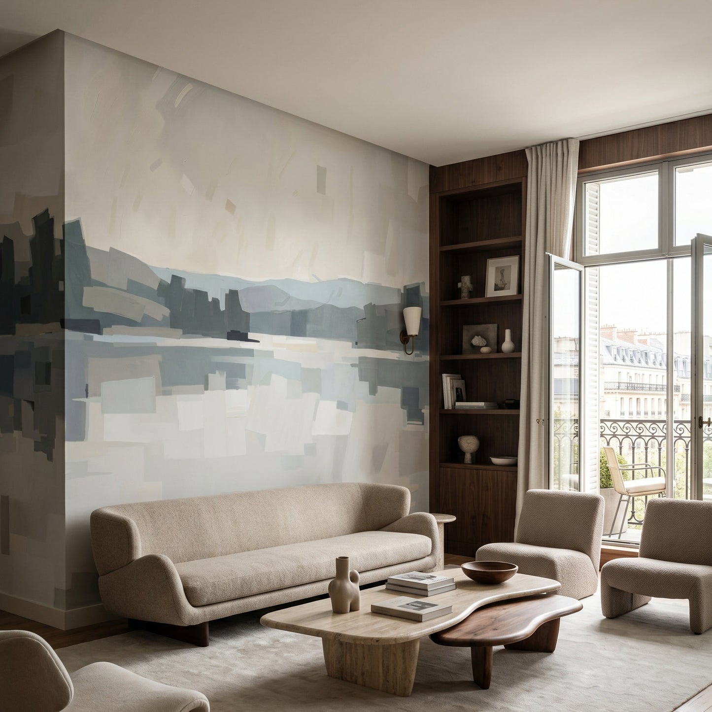 Abstract lake panorama wall mural with cream and blue patches in a hallway., GD10393