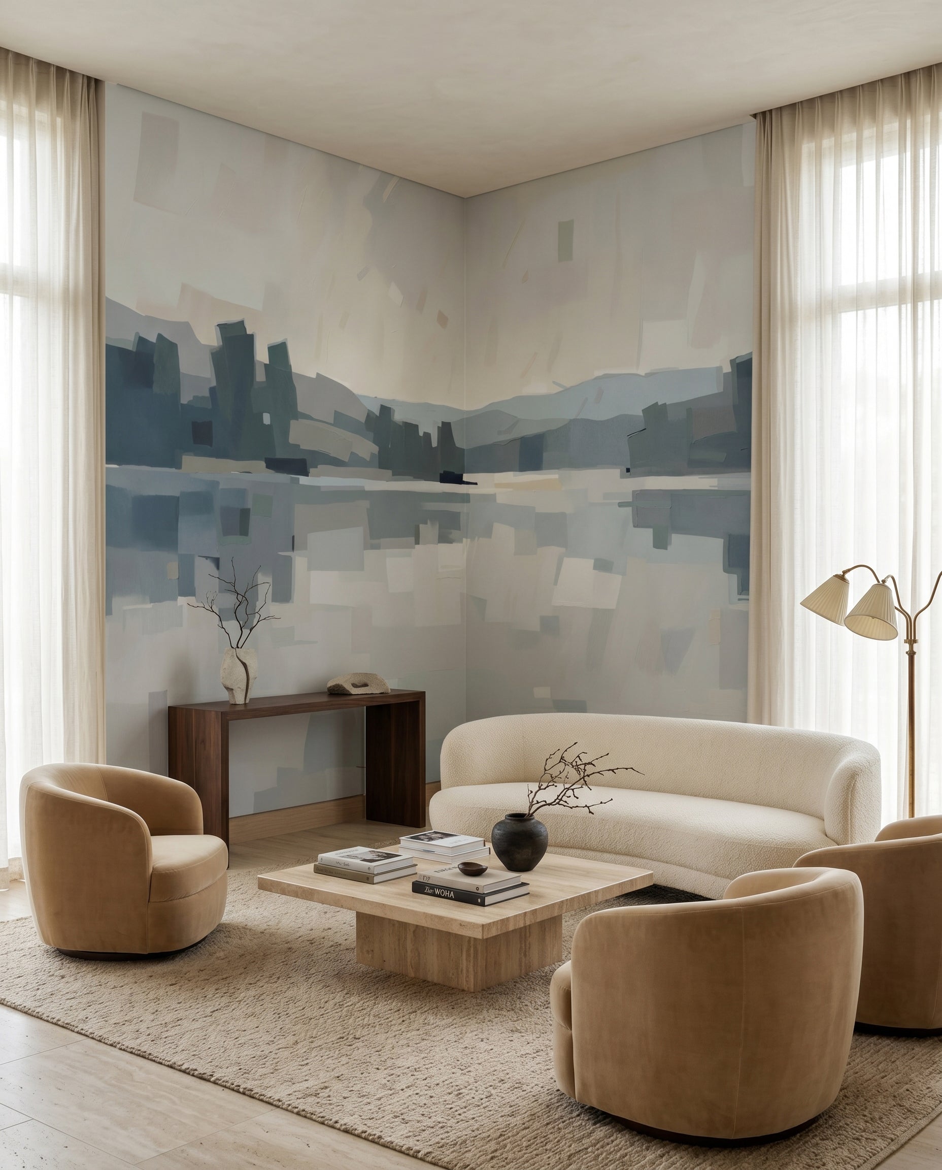 Abstract waterfront mural with overlapping rectangular shapes in a lounge., GD10393