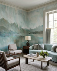 Wide panoramic mural with soft mountain ridges in blue-grey and taupe tones., GD10394
