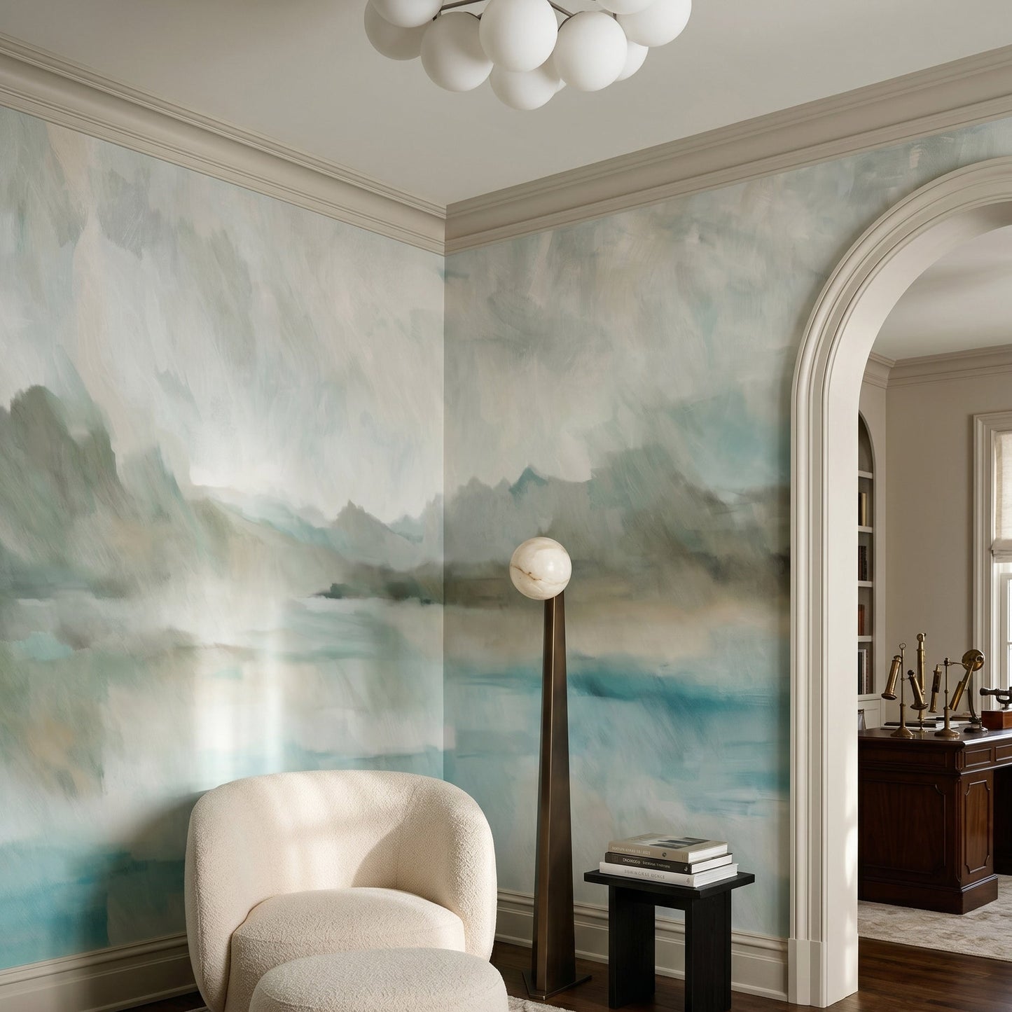 Abstract misty landscape mural with layered teal aqua and white brushstrokes., GD10394