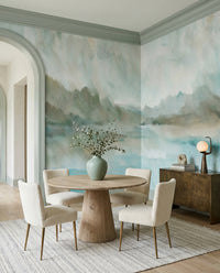 Velvet horizon wall mural with misty teal lake landscape in a dining room., GD10394