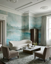 Soft teal and taupe abstract landscape wall mural in a living room., GD10394