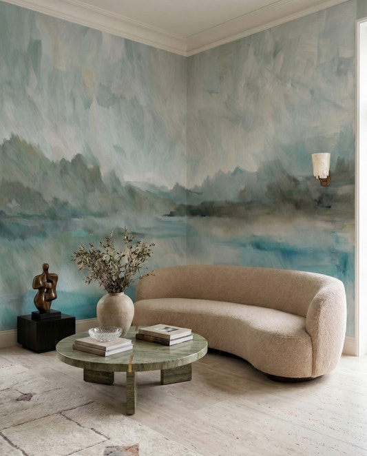 Misty landscape wall mural in aqua blue and pale grey tones in a hallway.