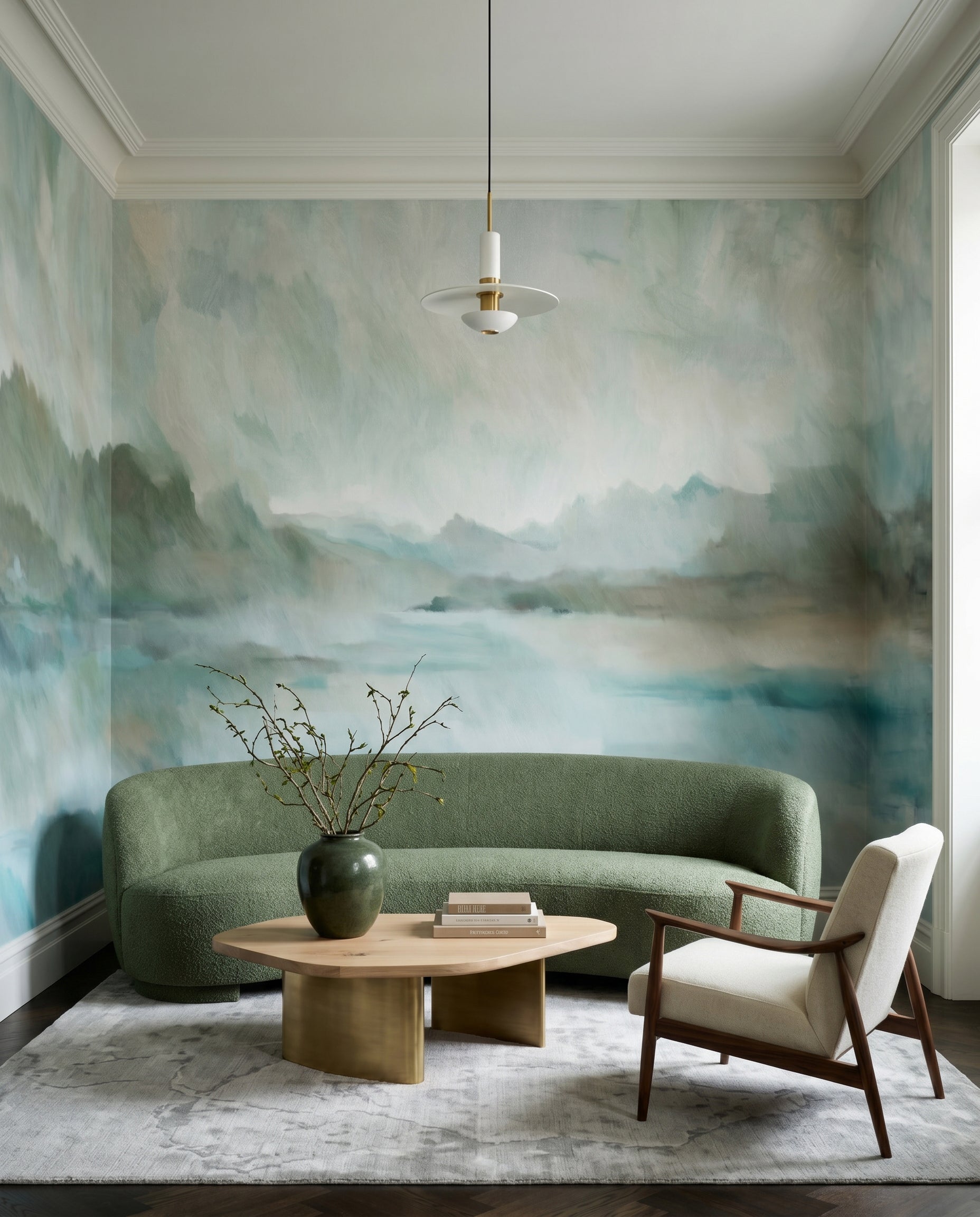 Painterly wall mural featuring faded sage green tree forms and teal water., GD10394