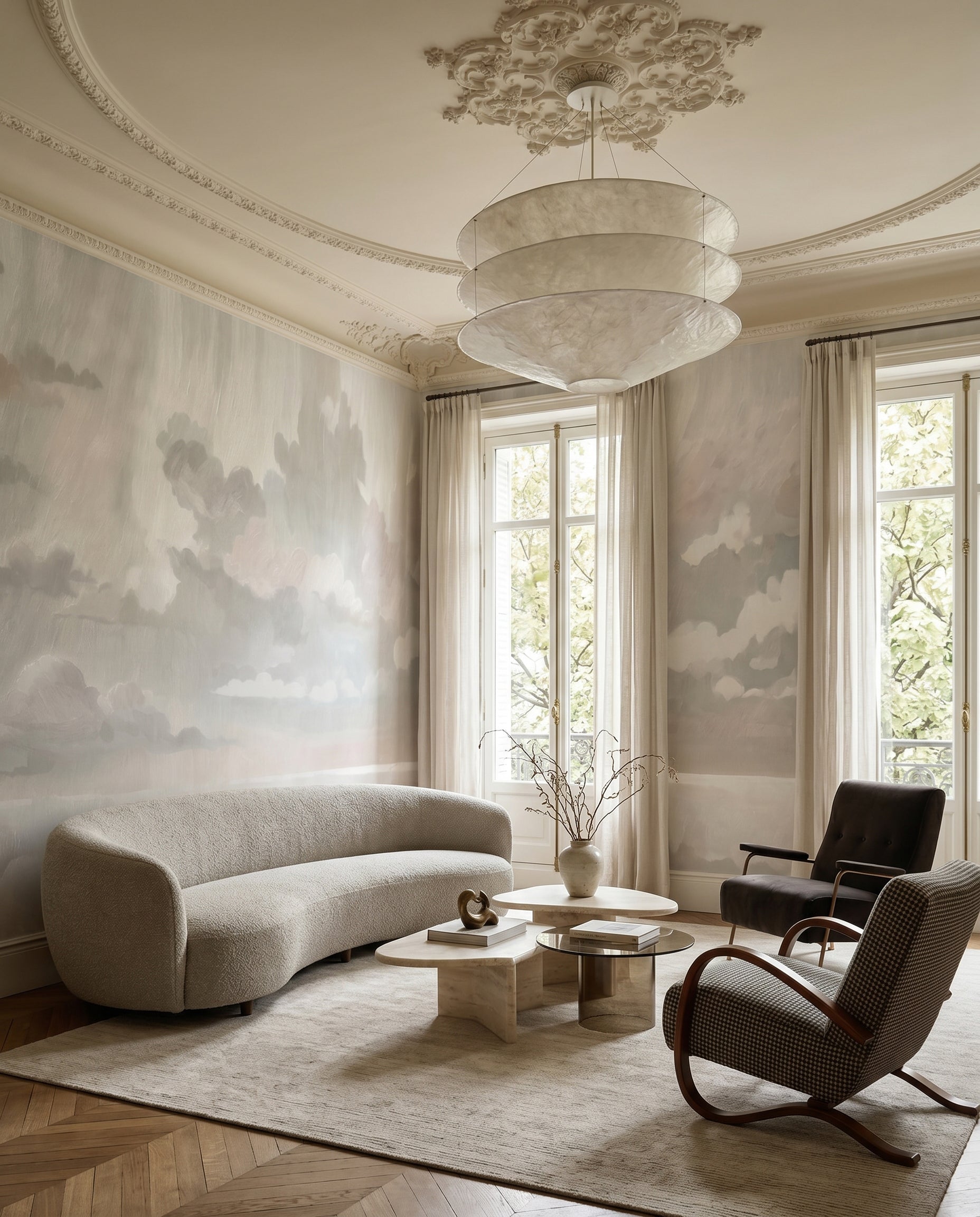 Abstract cloud wall mural featuring billowing grey forms and thin horizon line., GD10395