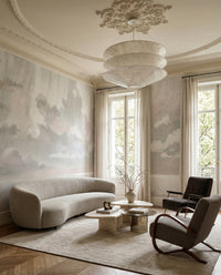 Abstract cloud wall mural featuring billowing grey forms and thin horizon line., GD10395