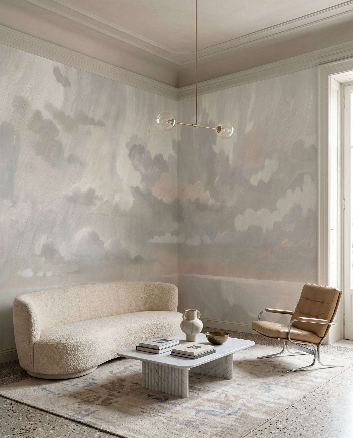 Muted neutral cloud wall mural with mirrored reflections in a hallway., GD10395