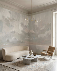 Muted neutral cloud wall mural with mirrored reflections in a hallway., GD10395