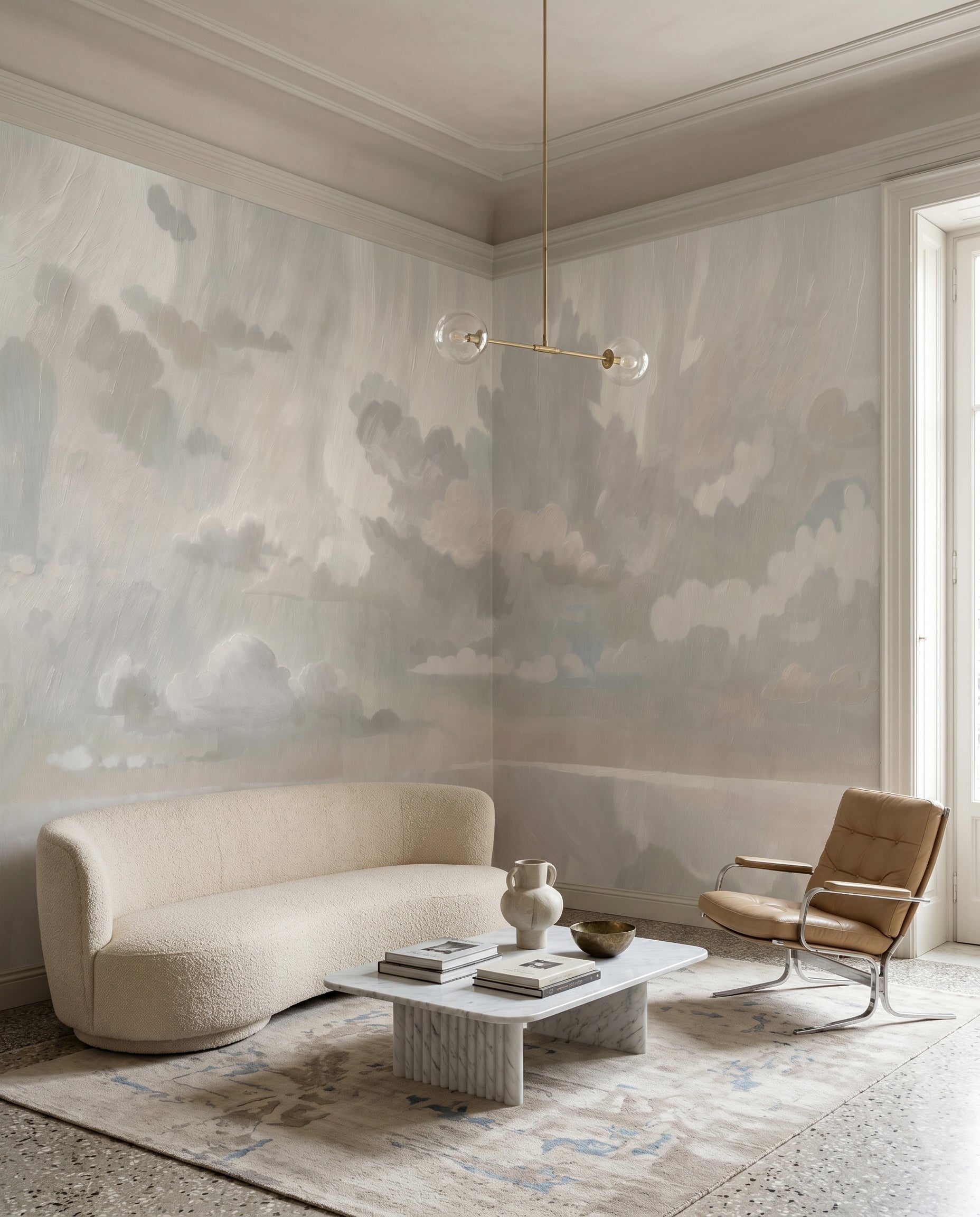 Muted neutral cloud wall mural with mirrored reflections in a hallway., GD10395
