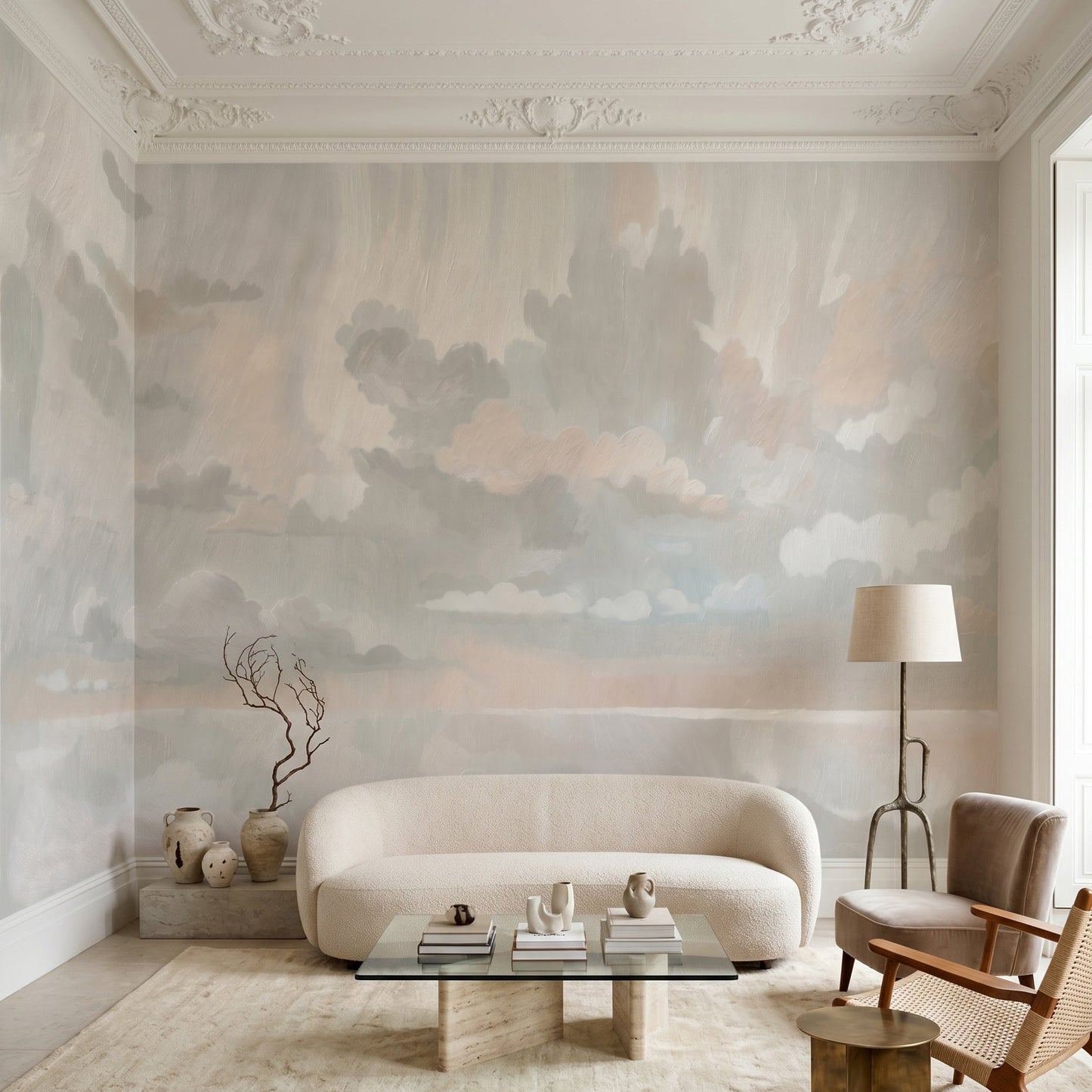 Velvet smoke wall mural with soft grey cloudscape and water reflections in a living room., GD10395