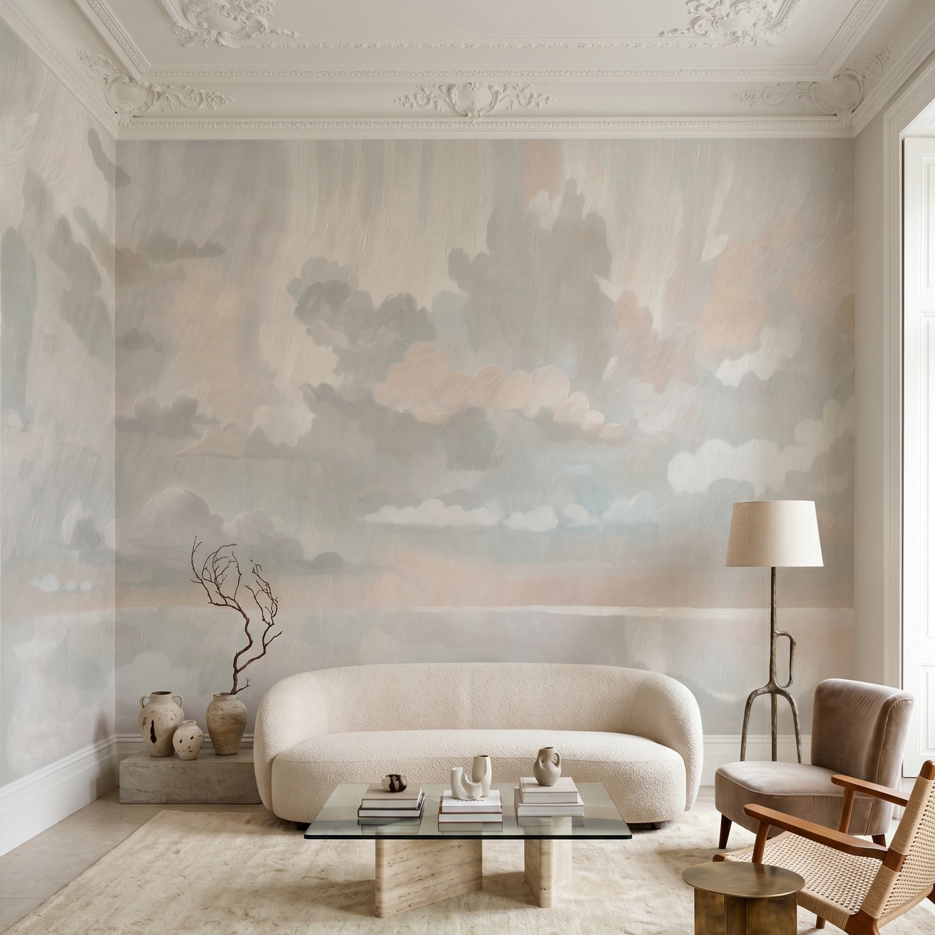 Velvet smoke wall mural with soft grey cloudscape and water reflections in a living room., GD10395