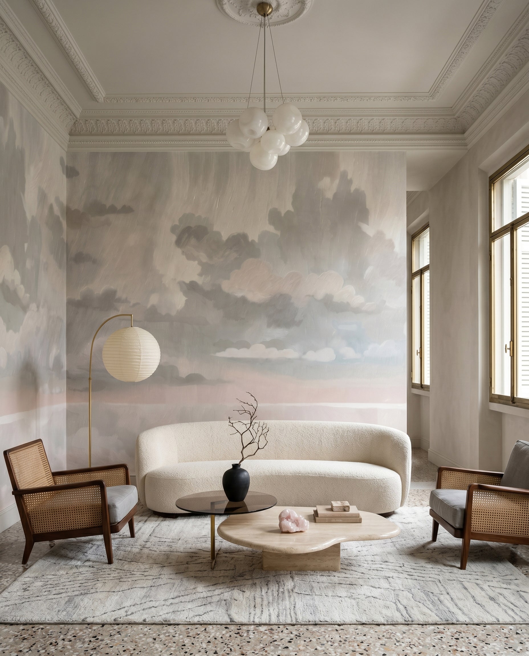 Panoramic cloudscape mural in off-white and pale taupe with soft pink accents., GD10395