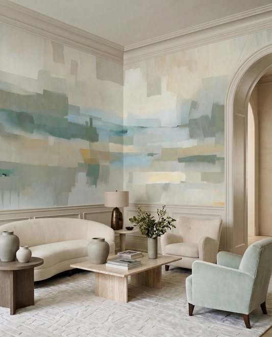 Abstract painted Velvet wall mural with green and grey tones in a modern hallway.