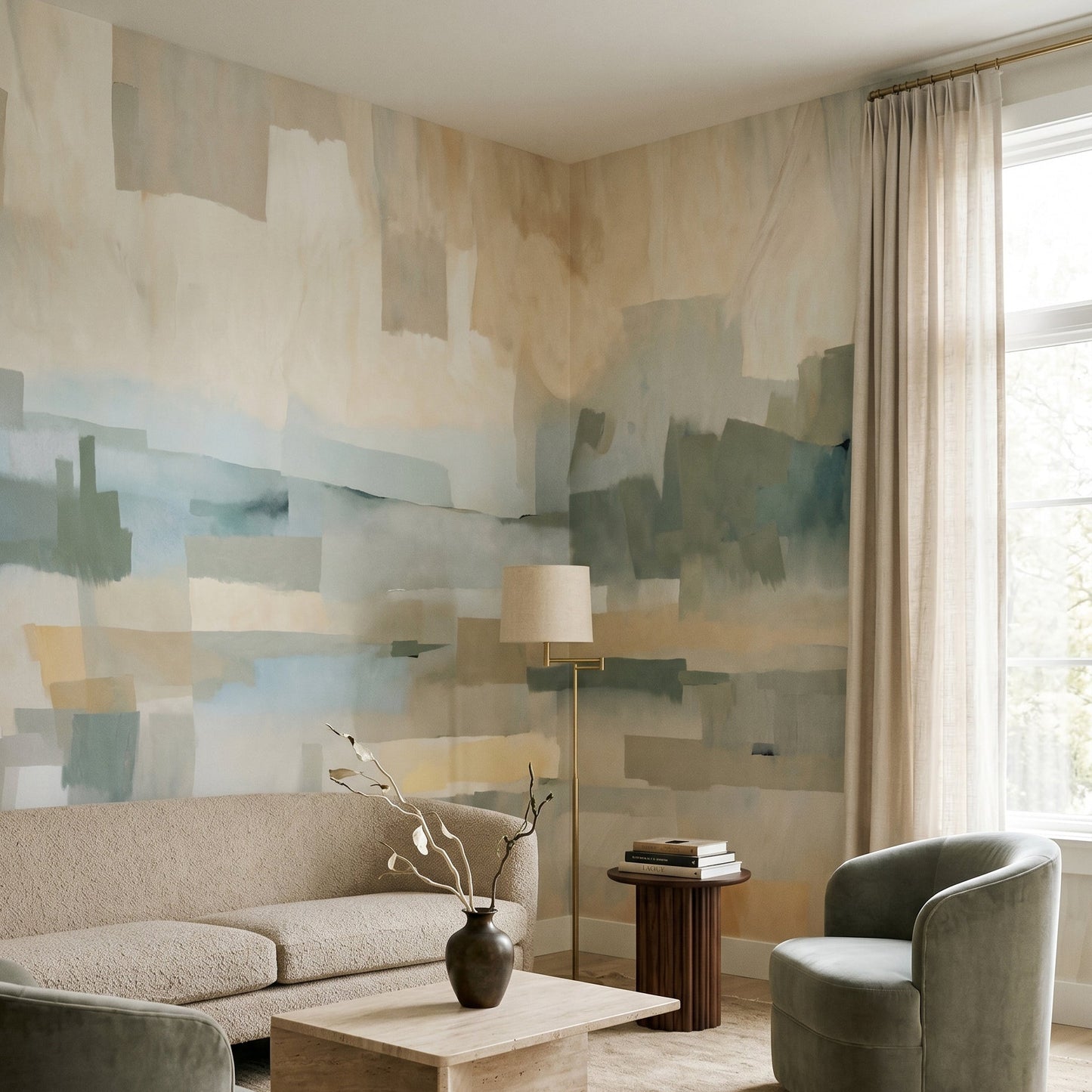 Velvet Dusk Wall Mural with abstract geometric beige and blue blocks., GD10391