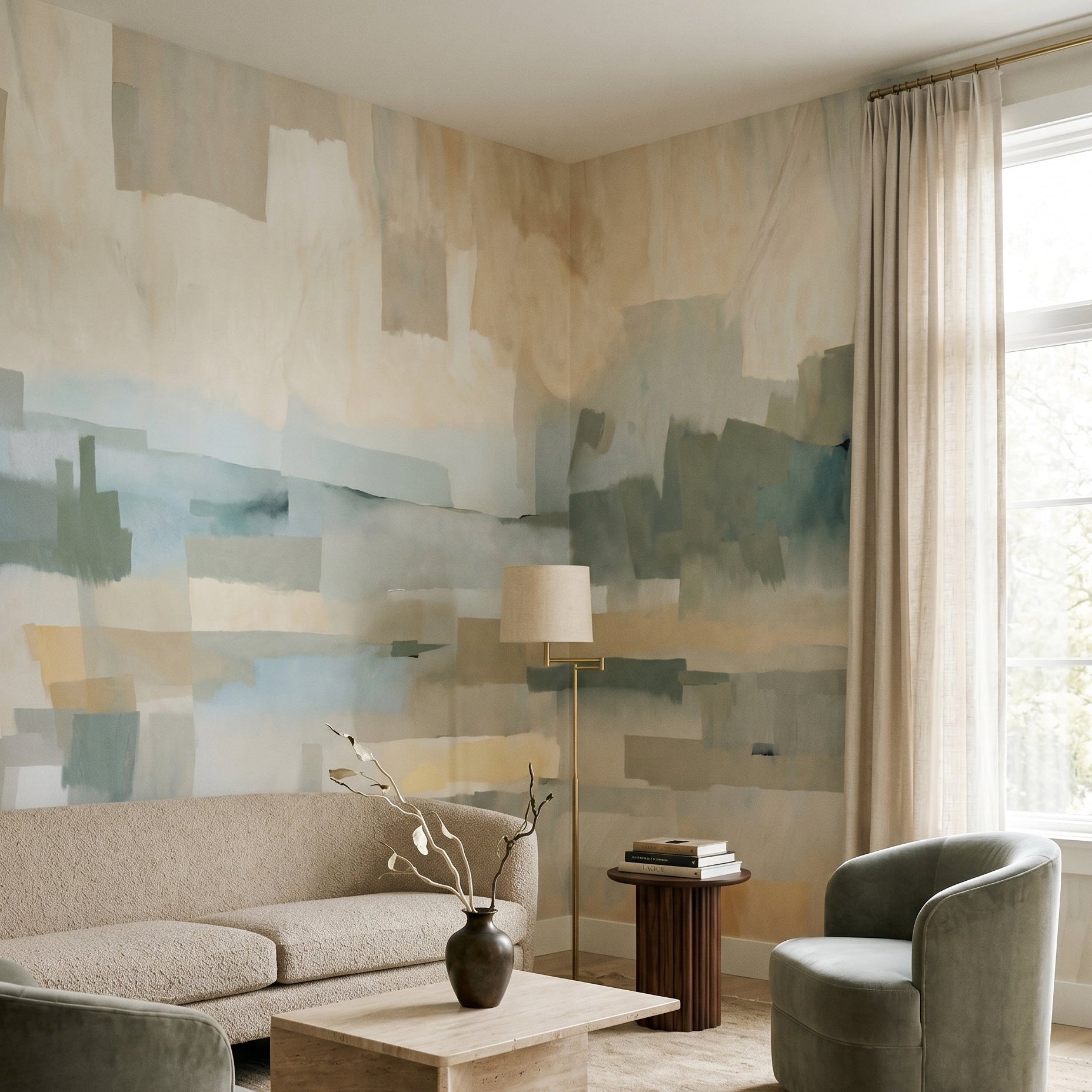 Velvet Dusk Wall Mural with abstract geometric beige and blue blocks., GD10391