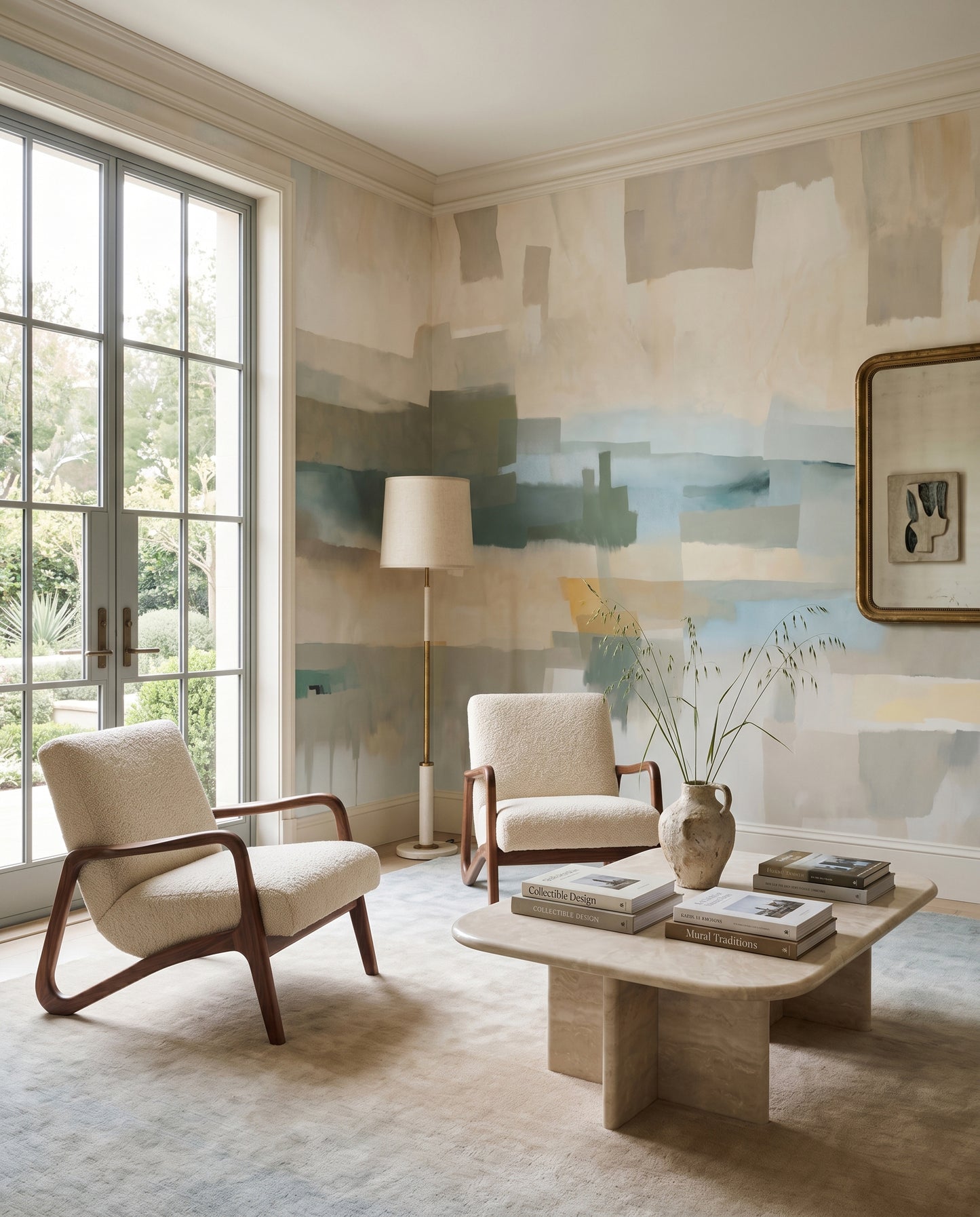 Abstract landscape wall mural in beige and green featuring watercolour Dusk aesthetics., GD10391