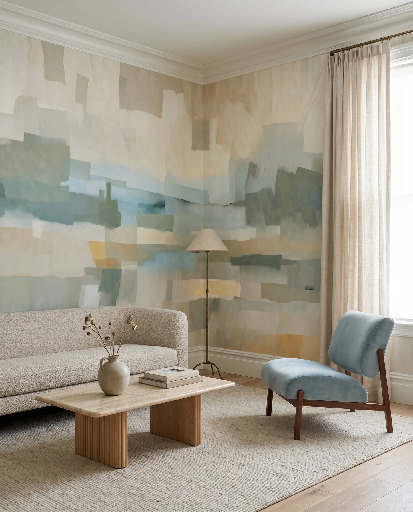 Minimalist geometric painted wallpaper with Dusk hues of grey and teal in hallway., GD10391