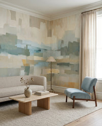Minimalist geometric painted wallpaper with Dusk hues of grey and teal in hallway., GD10391