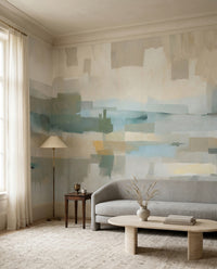 Large scale geometric painted wall mural with Velvet texture in muted blue and soft grey., GD10391