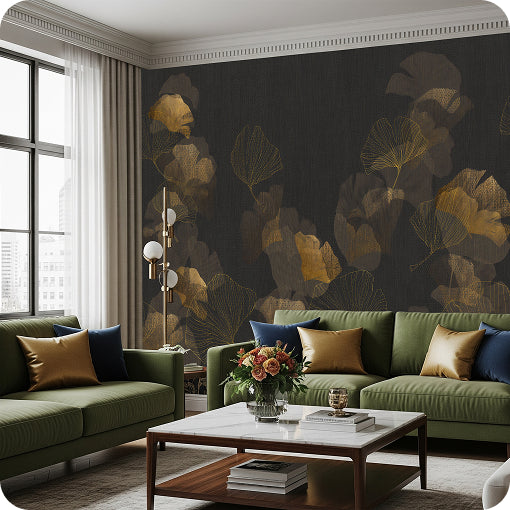 Modern living room with green sofas, floral wall paper, and a coffee table.