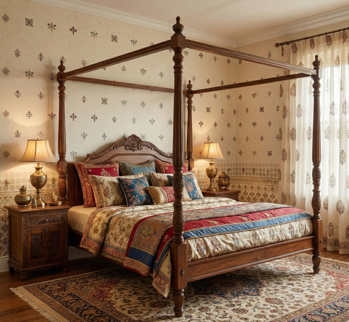 Luxurious Zardozi wall mural featuring intricate gold embroidery-inspired floral patterns