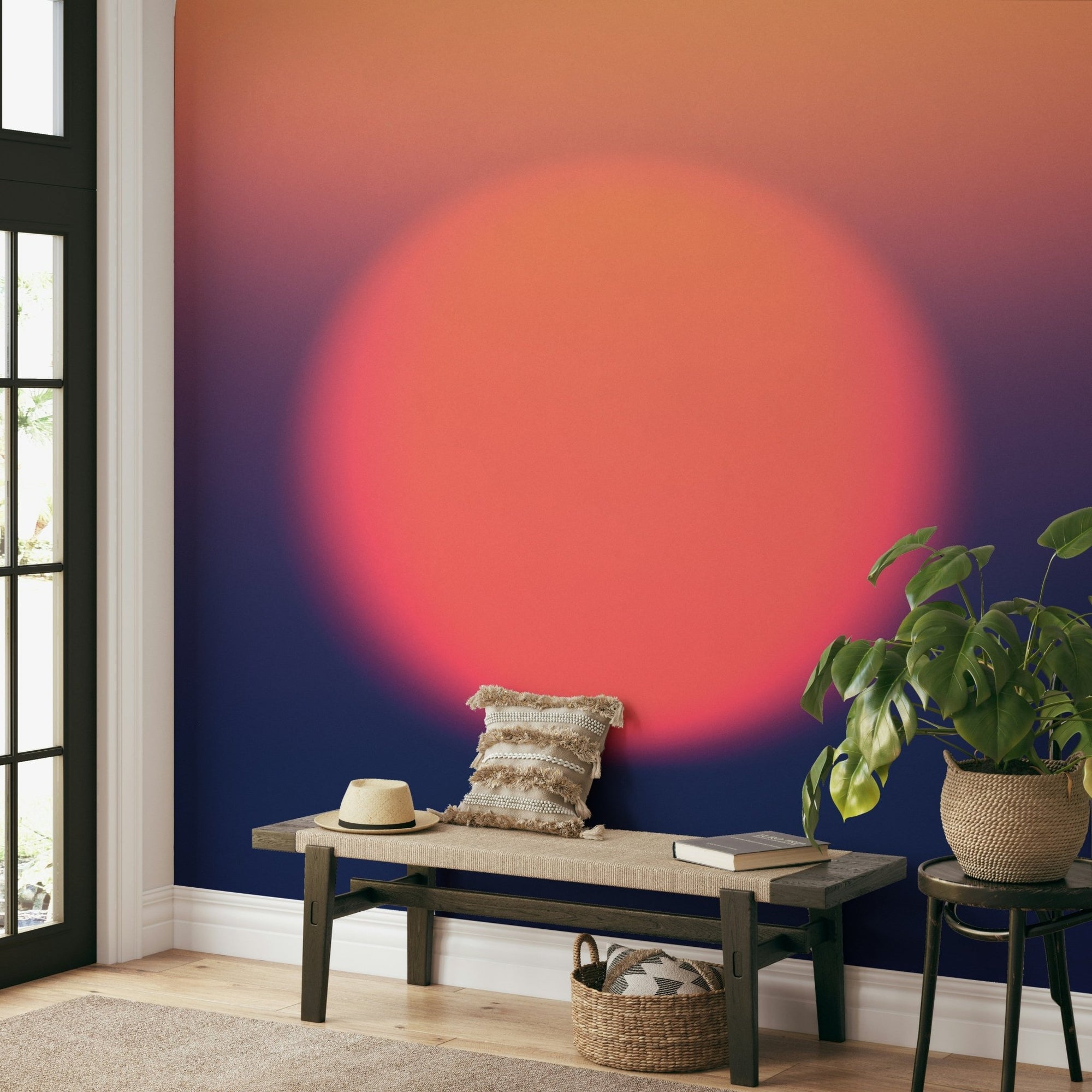 A beautiful abstract sunset wallpaper mural with an orange sun., GD4686