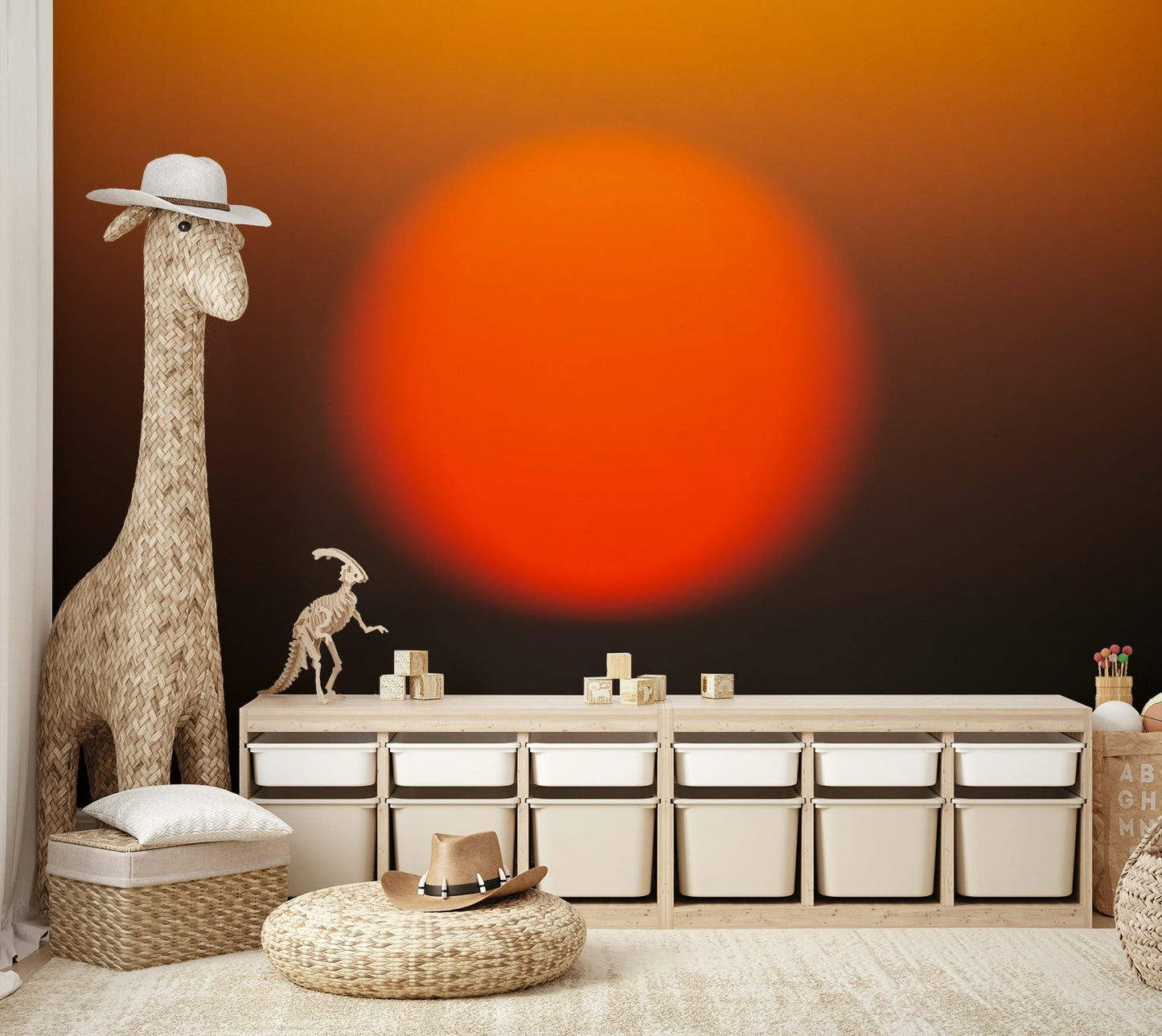 An artistic blurry sun mural on minimalist wallpaper.

