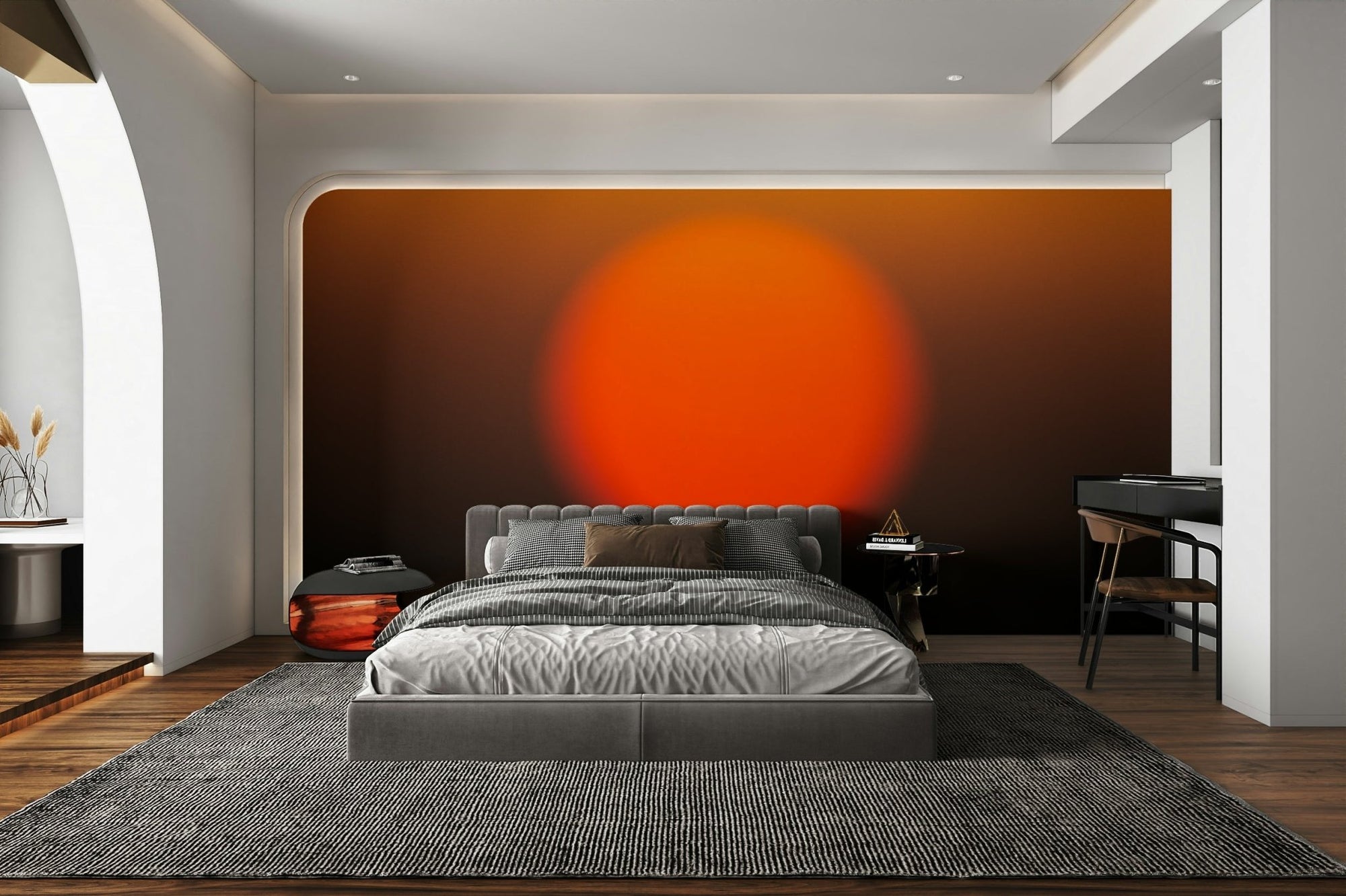 A beautiful abstract sunset wallpaper mural with an orange sun., GD4685