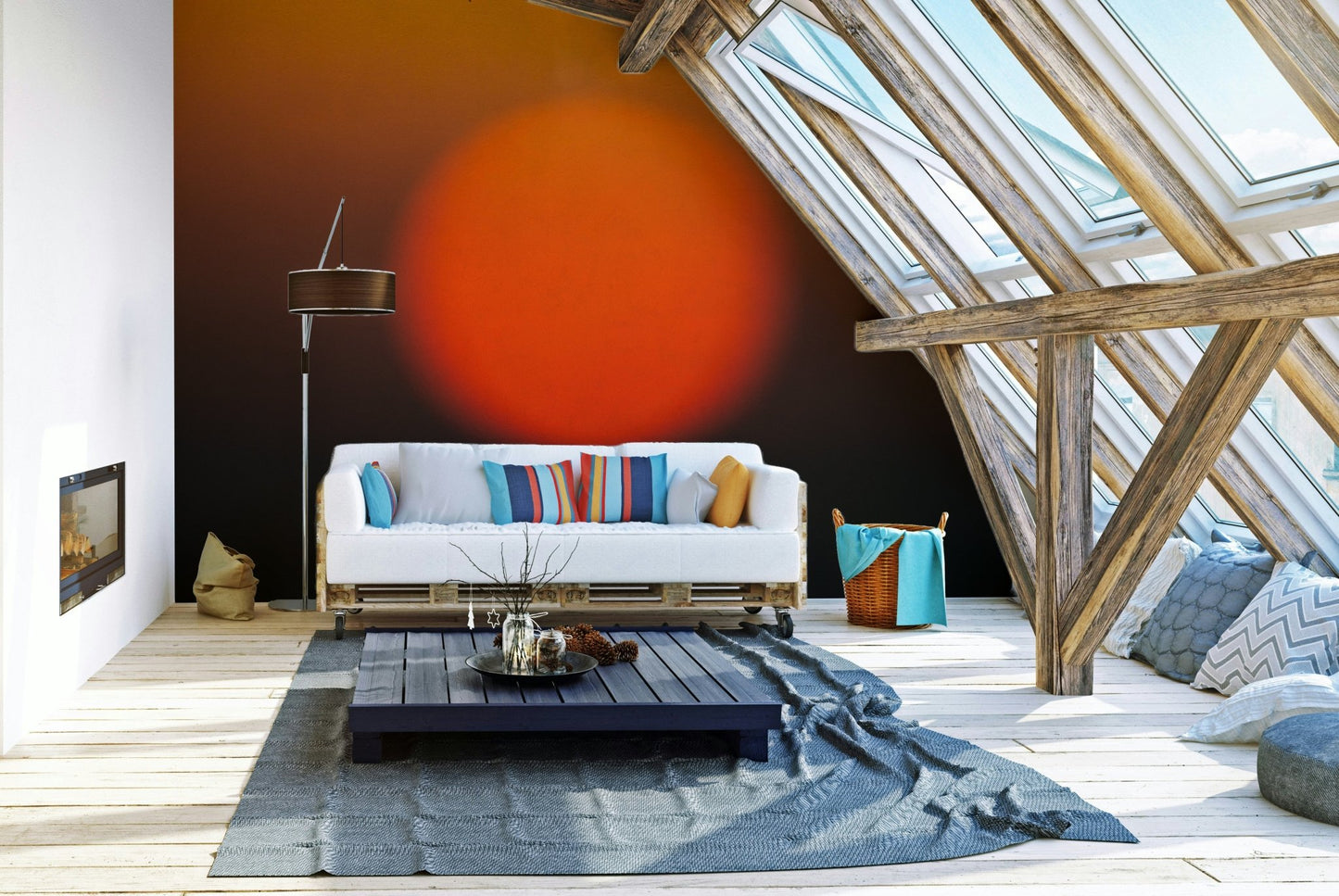 A graceful subtle light wall mural in fiery, warm tones.

